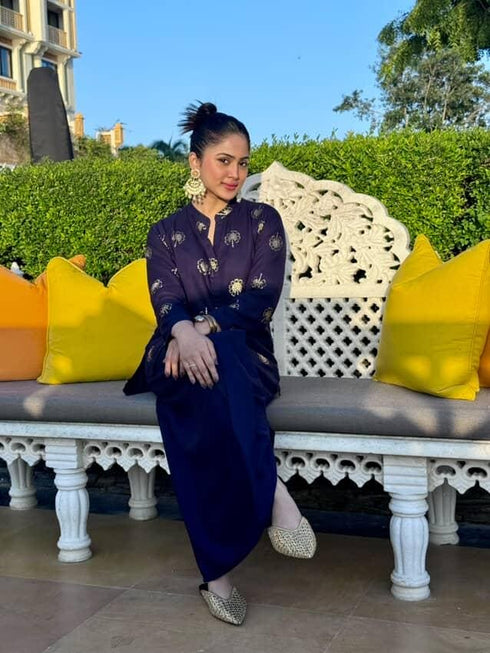 Gold Blue Short Kurta with Dhoti Skirt