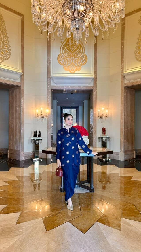 Gold Blue Short Kurta with Dhoti Skirt