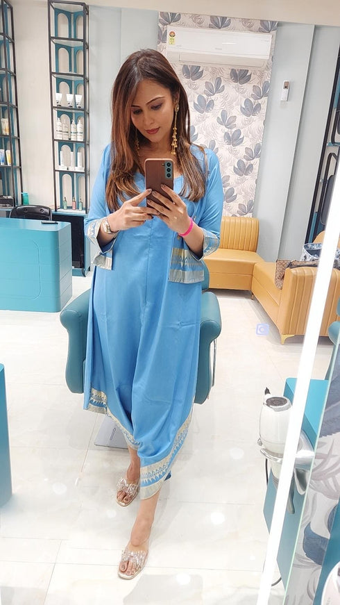 Blue Denim Jumpsuit Jacket with Gold Print