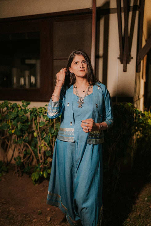 Blue Denim Jumpsuit Jacket with Gold Print