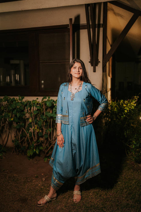 Blue Denim Jumpsuit Jacket with Gold Print