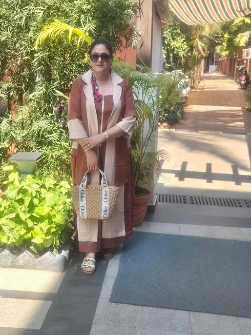 Beige Brown Zipper Dress with Designer Jacket