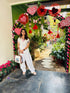 (DivyankaTripathi) Three Piece Off-White Drape Pant Set with Handbag