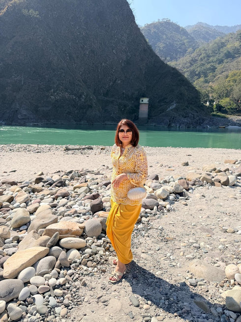 Yellow Cutwork Kurta with Dhoti and Singlet