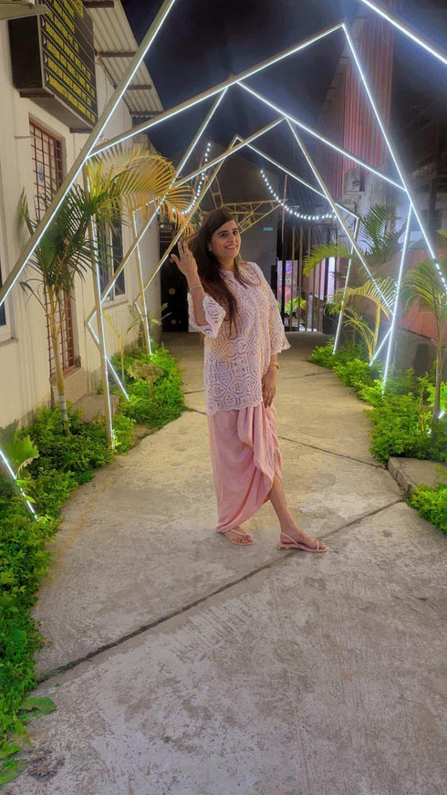 Pink Cutwork Kurta with Dhoti and Singlet