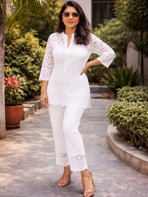 White Cutwork Kurta With Pant And Singlet