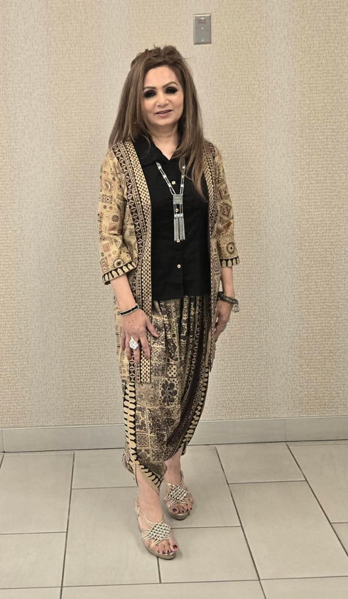 Warli Print Dhoti Set With Shirt And Jacket