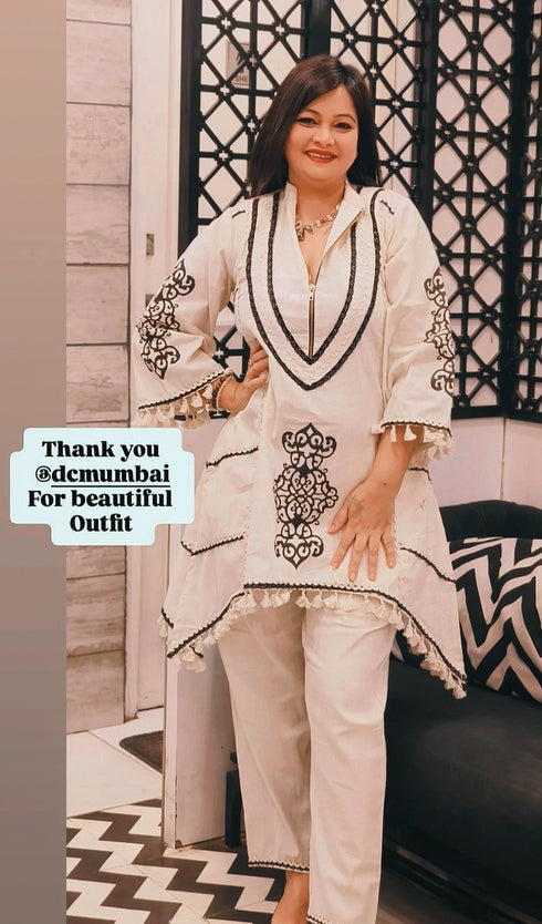 Off White Zipper Kurta Pant Set