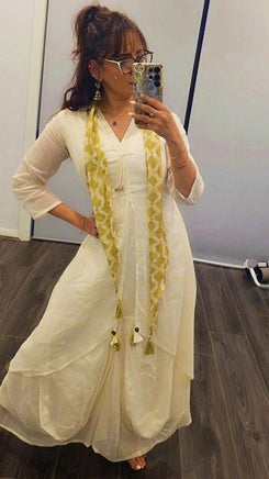 White Drape Dress With Printed Scarf