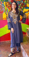 Grey Kashmiri Paisley Embroidered Kurta Pant Set