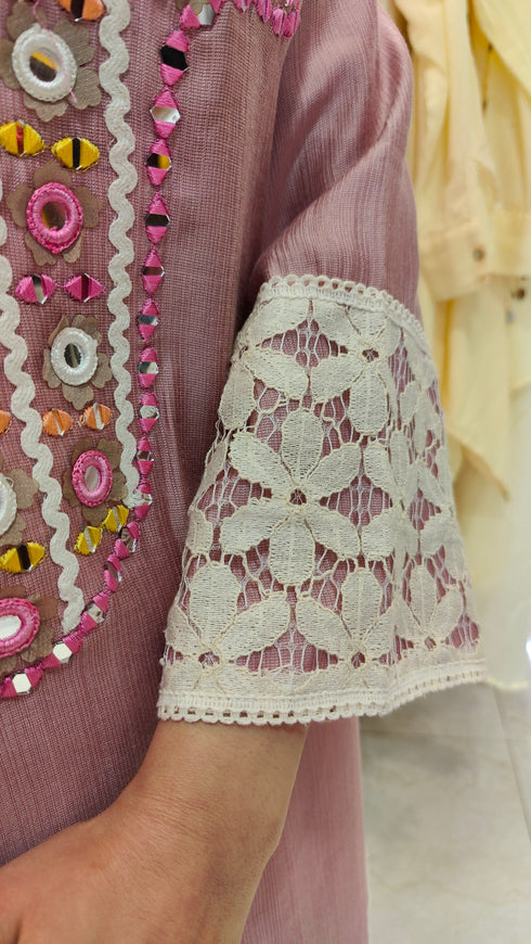 Pastel Pink Mirror Embroidered Kurta Set with Lace Detailing