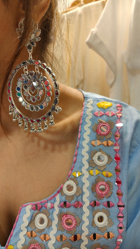 Pastel Blue Mirror Embroidered Kurta Set with Lace Detailing