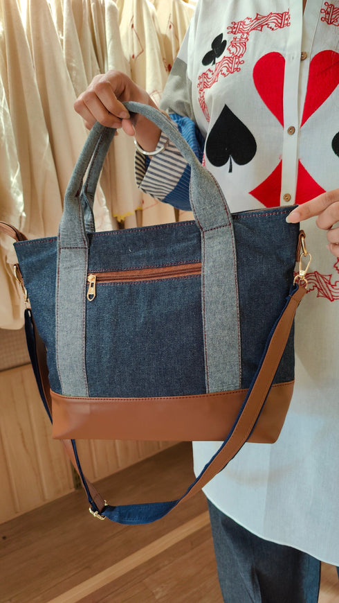 Blue Card Print Coord Set with Handbag