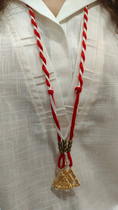 White Red Drape Pants with Necklace Coord Set