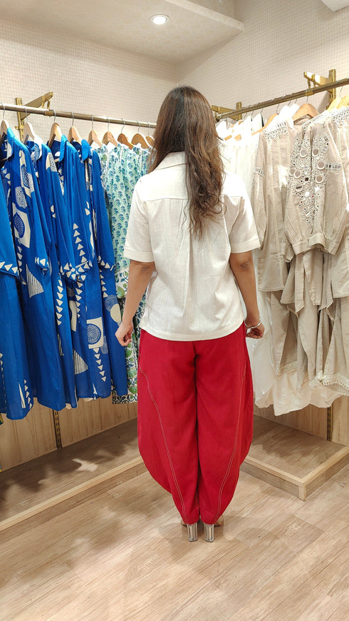 White Red Drape Pants with Necklace Coord Set