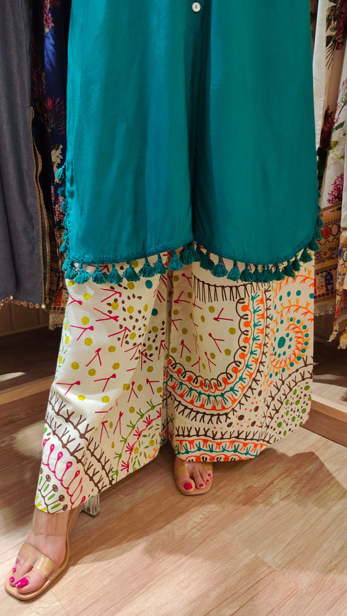 Long Green Kurta With Printed Pant