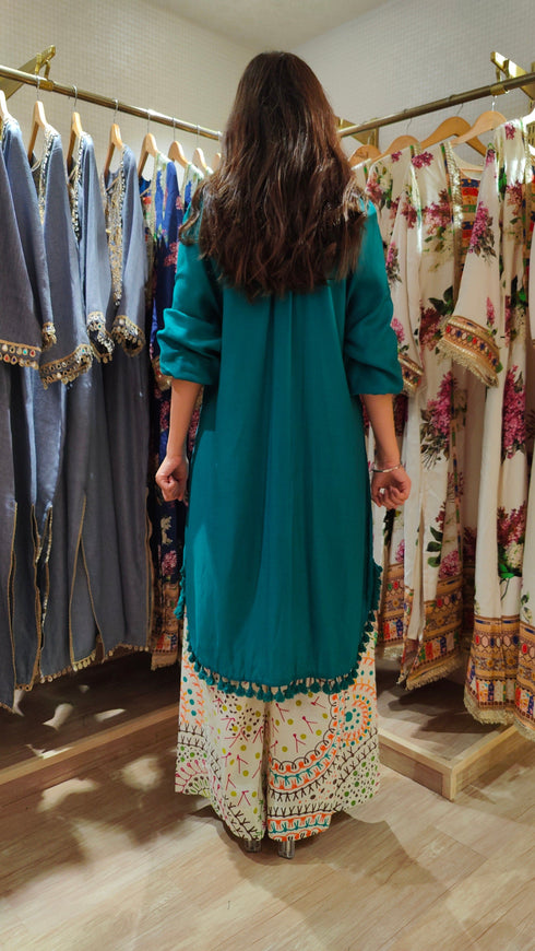 Long Green Kurta With Printed Pant