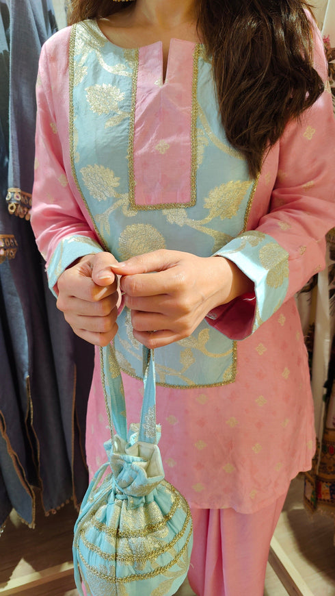 Pink Jacquard Silk Farshi Set with Potli