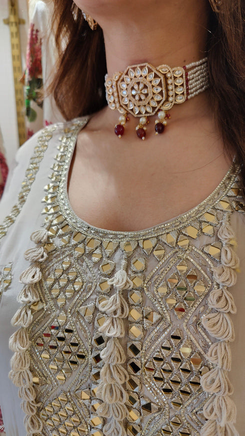 Champagne Grey Mirror Embroidered Sharara Set