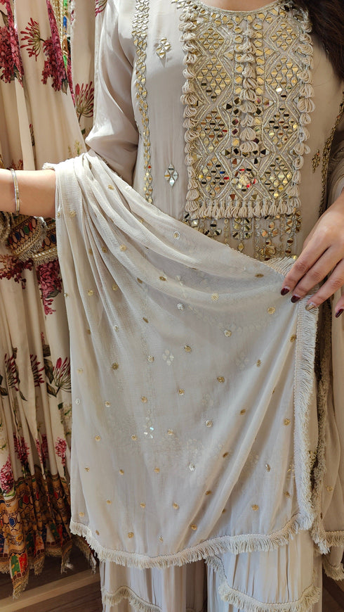Champagne Grey Mirror Embroidered Sharara Set