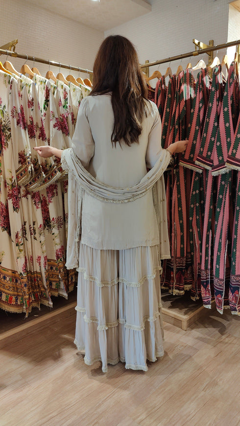 Champagne Grey Mirror Embroidered Sharara Set