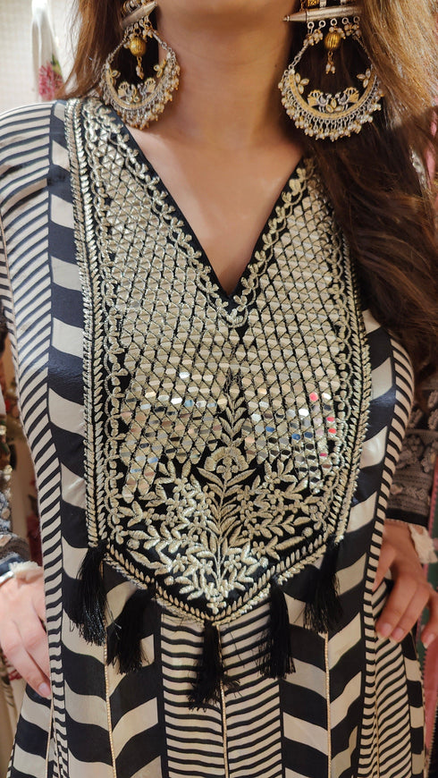 Natural Crepe Black White Kurta Dhoti