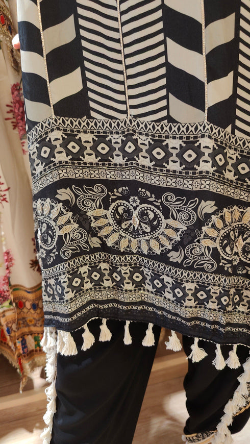 Natural Crepe Black White Kurta Dhoti