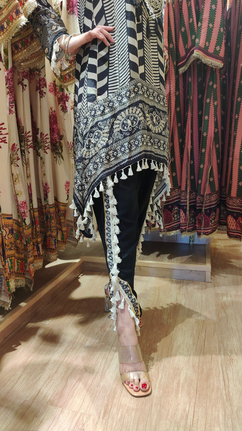 Natural Crepe Black White Kurta Dhoti