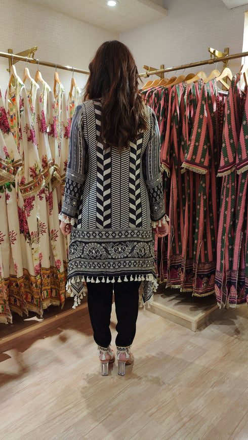 Natural Crepe Black White Kurta Dhoti