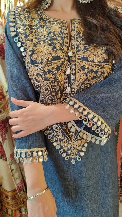 Dark Denim Gold Kaftan Dress