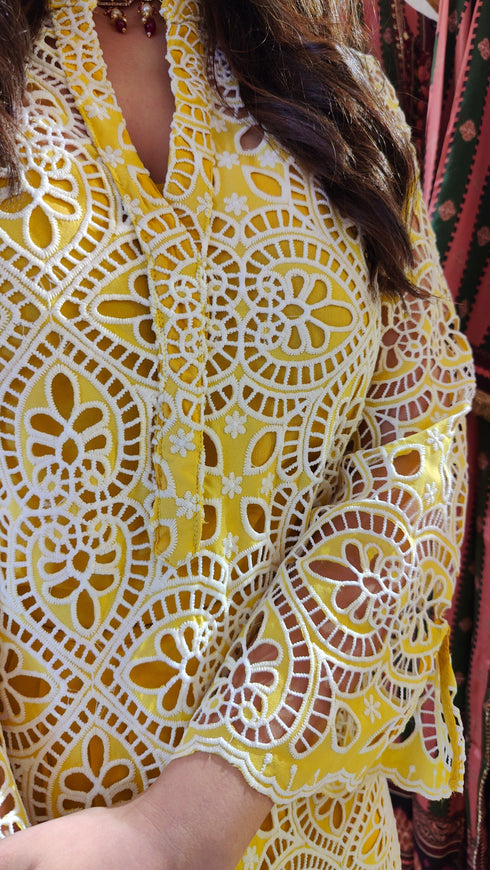 Yellow Cutwork Kurta with Dhoti and Singlet