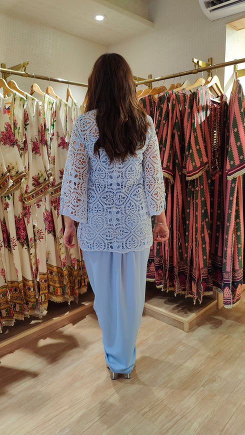 Blue Cutwork Kurta with Dhoti and Singlet
