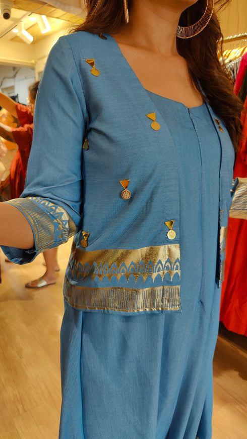 Blue Denim Jumpsuit Jacket with Gold Print