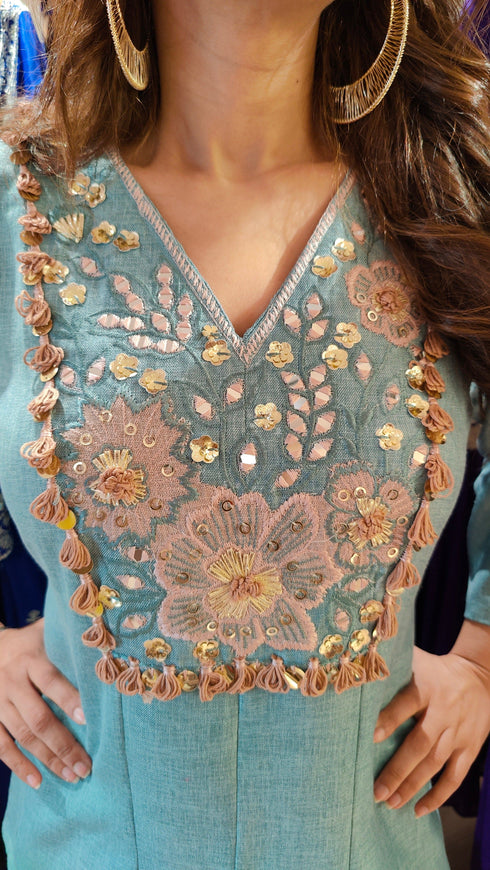 Blue Pink Embroidered Top With Kali Pants