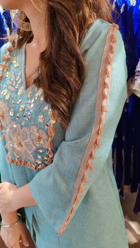 Blue Pink Embroidered Top With Kali Pants