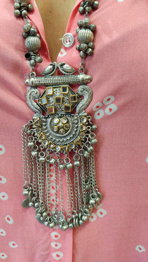 Oxidised Pendant Necklace with Chain Tassels