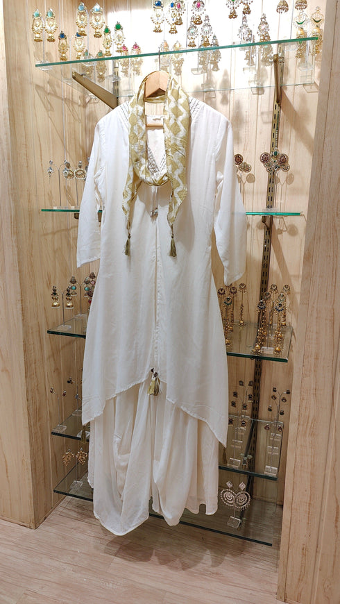 White Drape Dress With Printed Scarf