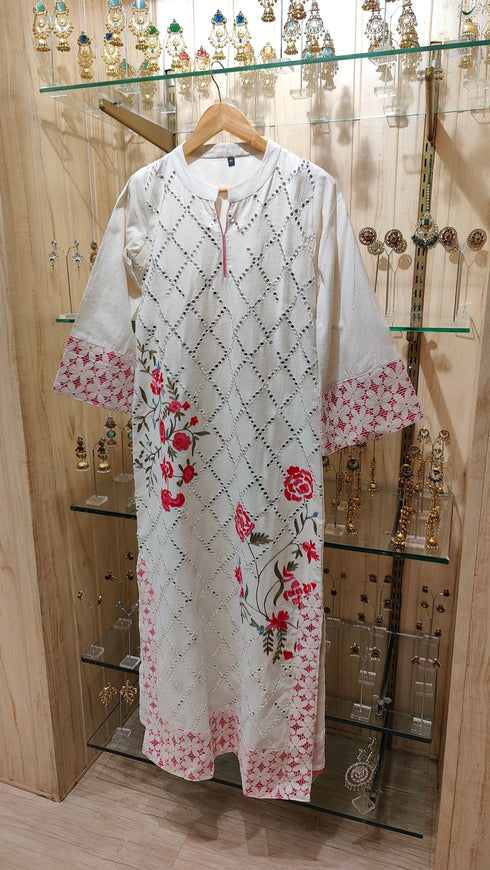 Off White and Pink Rose Kaftan Dress