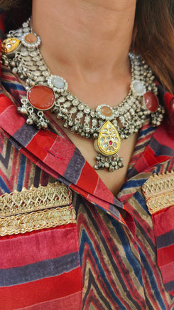 Oxidised Statement Choker Necklace with Red Stones