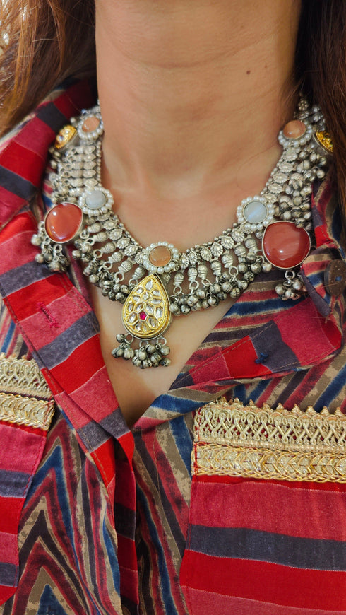 Oxidised Statement Choker Necklace with Red Stones
