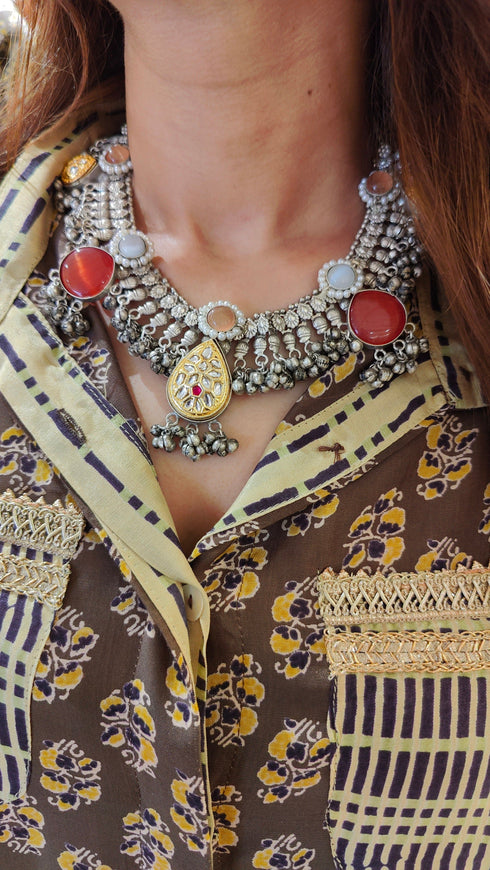 Oxidised Statement Choker Necklace with Red Stones