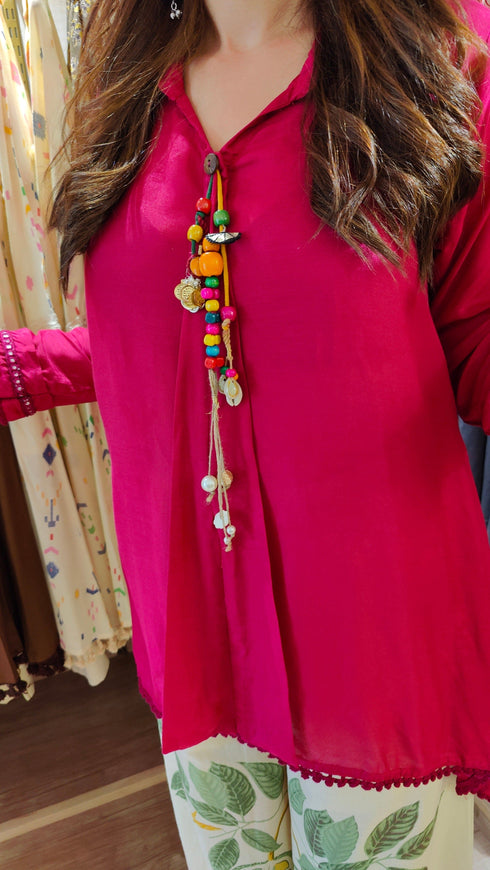 Pink Tassel Top With Printed Pallazo