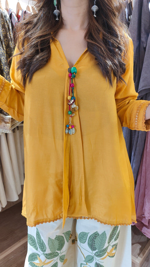 Yellow Tassel Top With Printed Pallazo