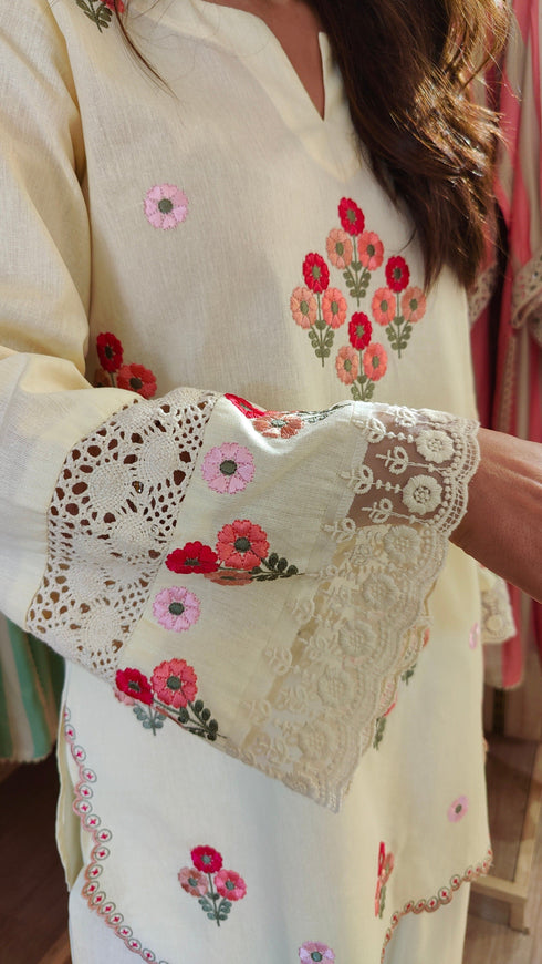Floral Cream Embroidered Kurta Set
