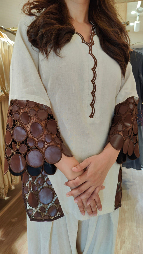 Cream Brown Leather Patchwork Farshi Set