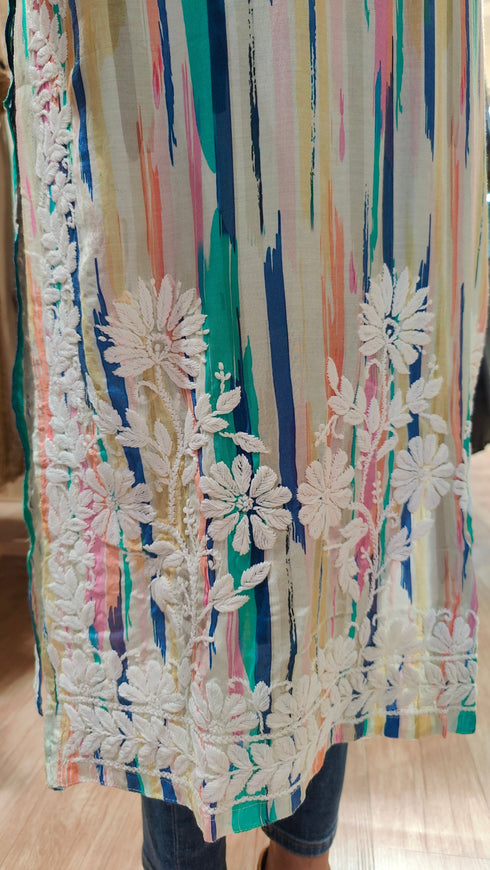 Multicolor Hand Embroidered Chikankari Kurta