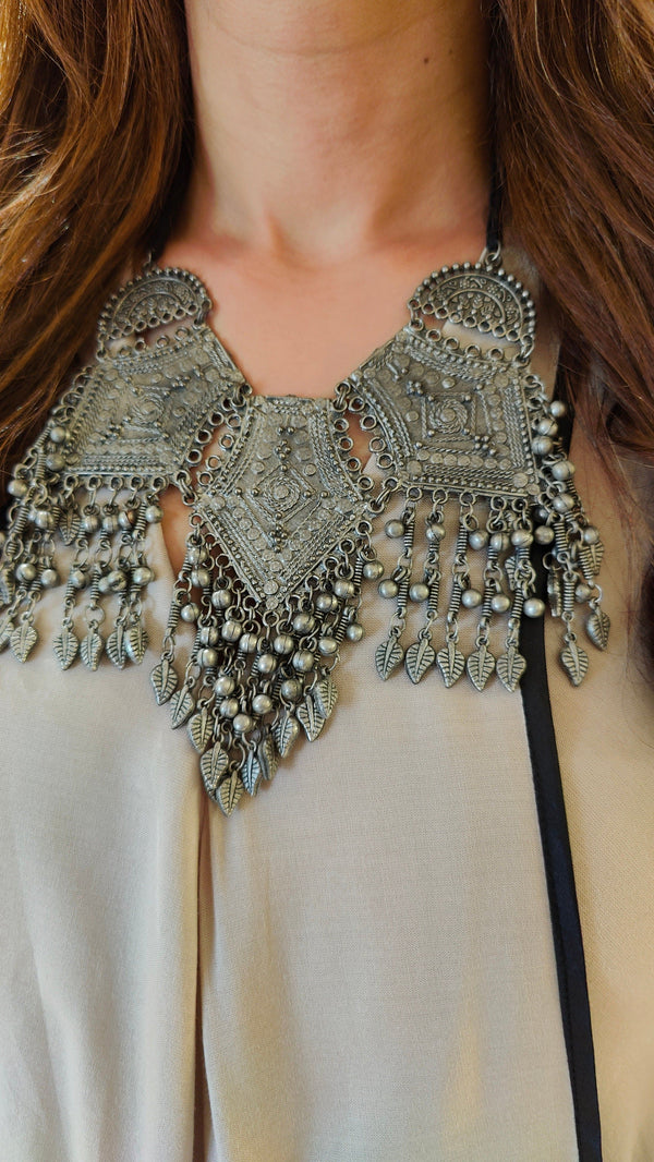 Grand Leaf Bead Silver Oxidised Necklace