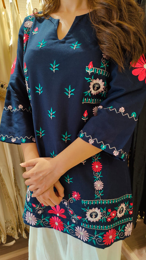 Blue White Embroidered Farshi Set with Potli