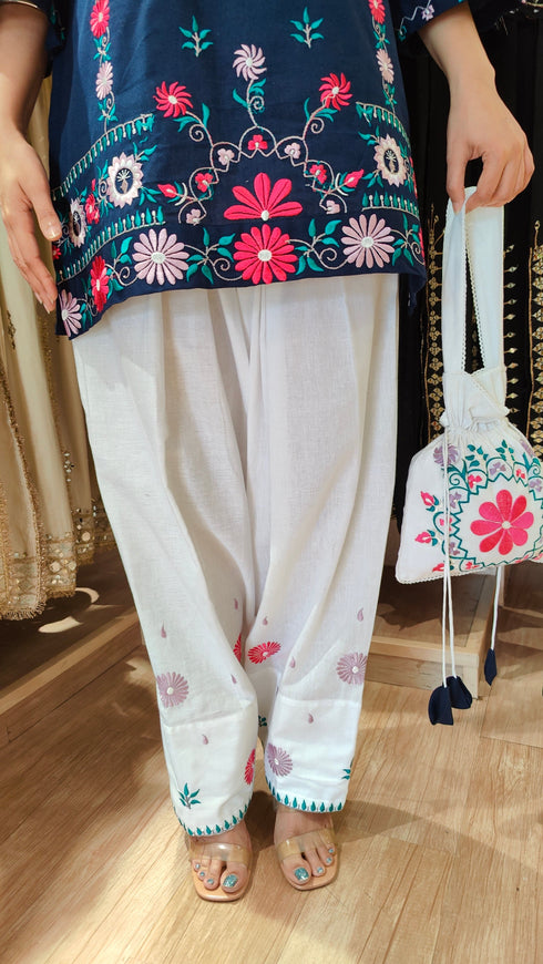 Blue White Embroidered Farshi Set with Potli