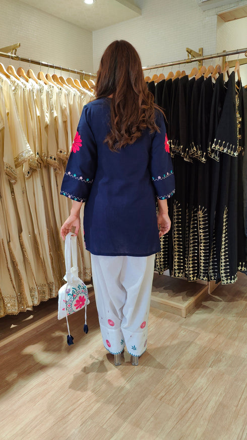 Blue White Embroidered Farshi Set with Potli